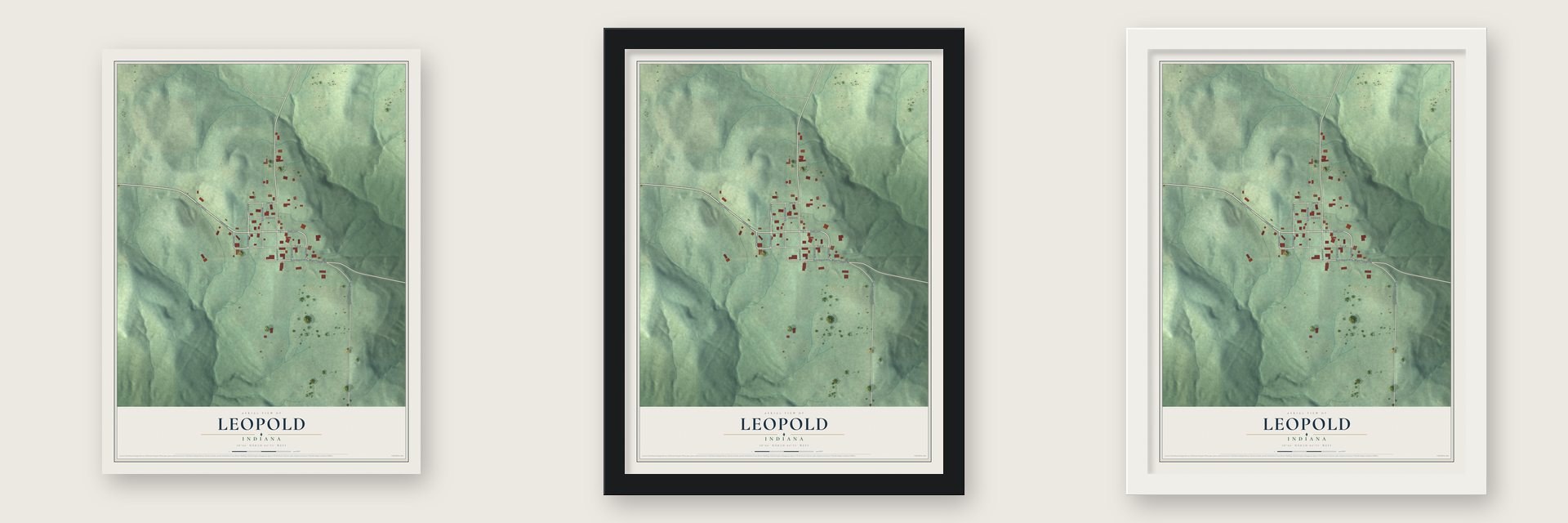 Leopold, Indiana map unframed, in a black wood frame and in a white wood frame