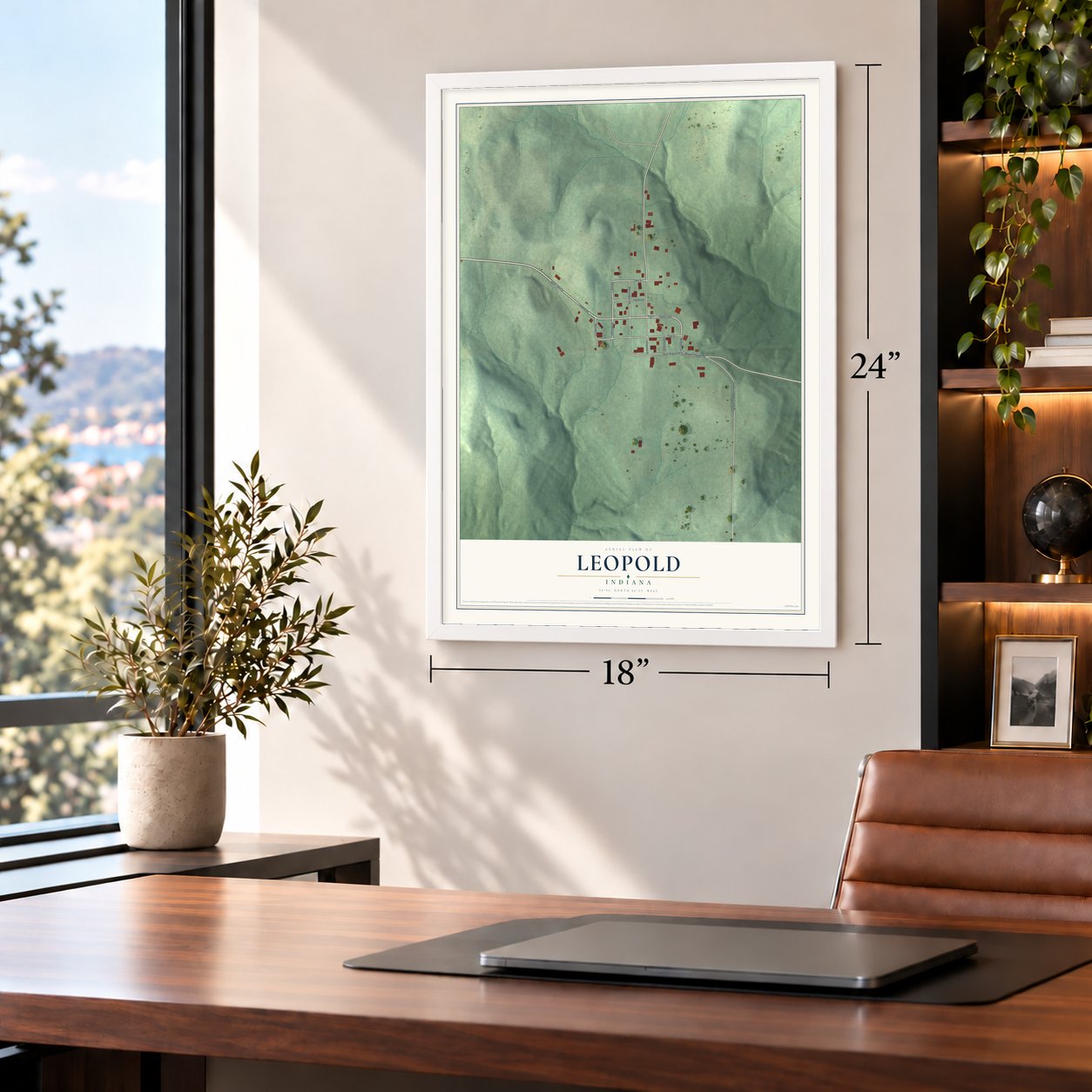 Leopold, Indiana map, 18 x 24 inch print in a white frame in a home office