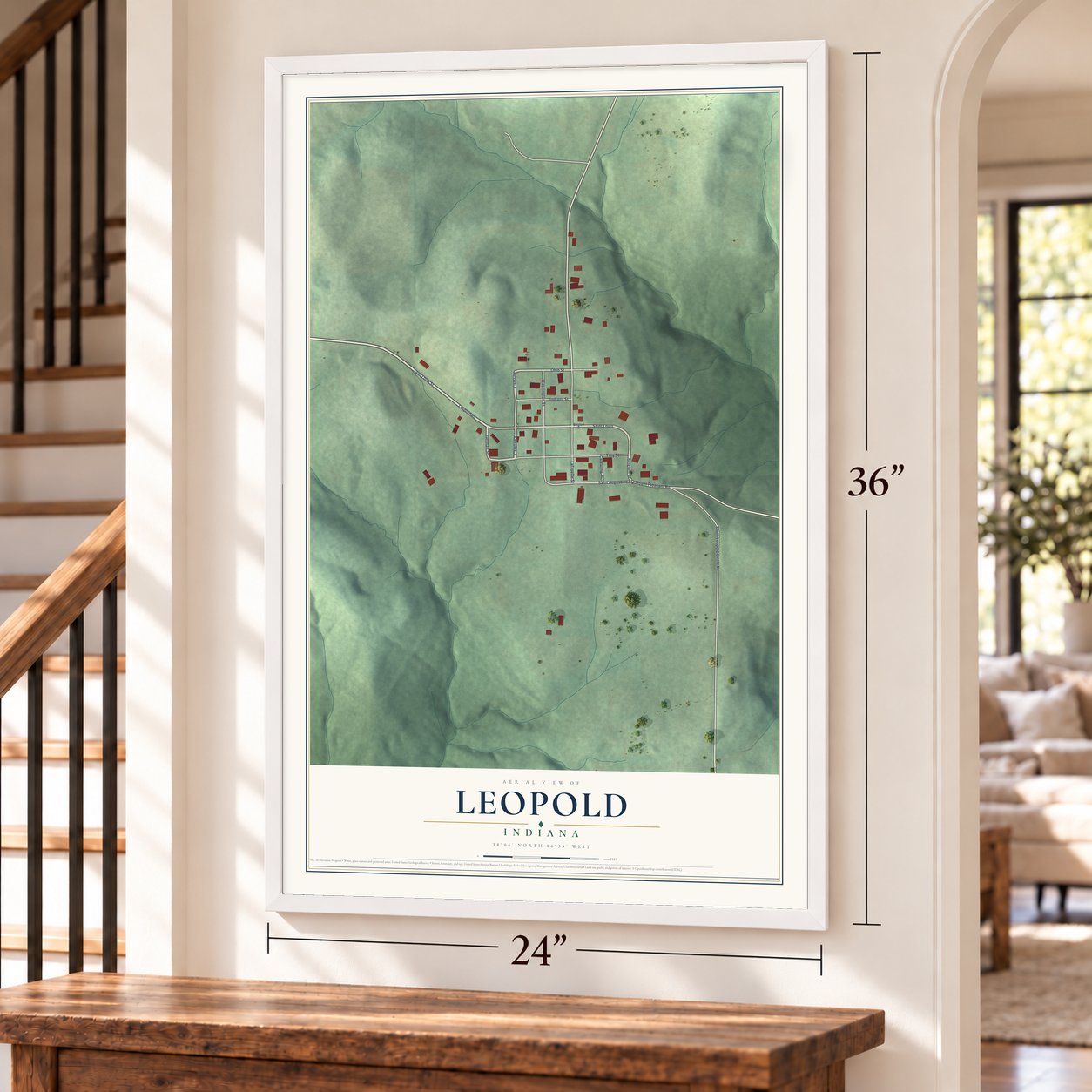 Leopold, Indiana map, 24 x 36 inch print in a white frame by a staircase