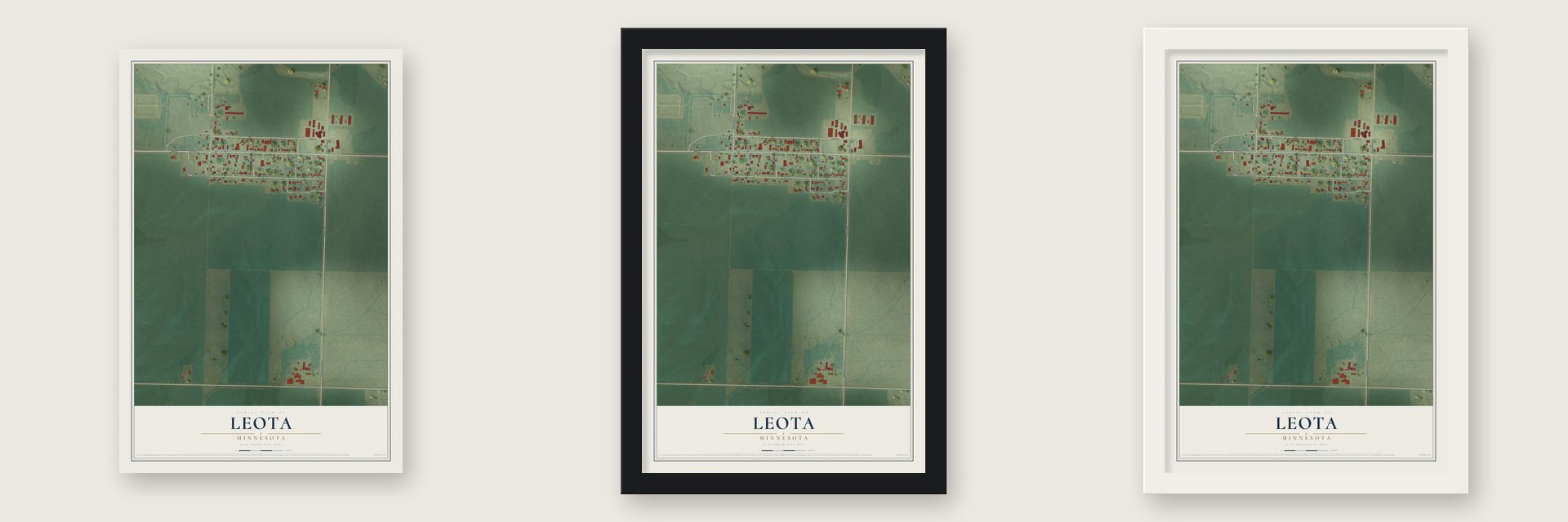 Leota, Minnesota map unframed, in a black wood frame and in a white wood frame