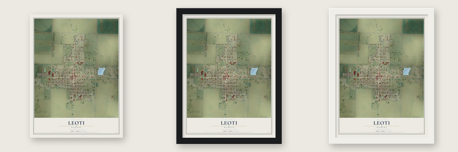 Leoti, Kansas map unframed, in a black wood frame and in a white wood frame