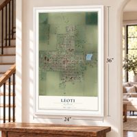 Leoti, Kansas map, 24 x 36 inch print in a white frame by a staircase