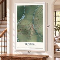 Lepanto, Arkansas map, 24 x 36 inch print in a white frame by a staircase
