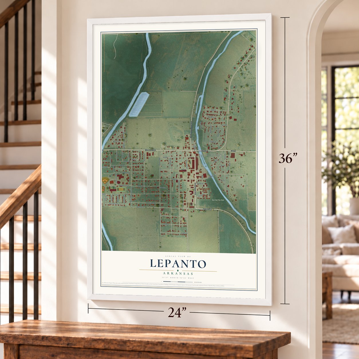 Lepanto, Arkansas map, 24 x 36 inch print in a white frame by a staircase