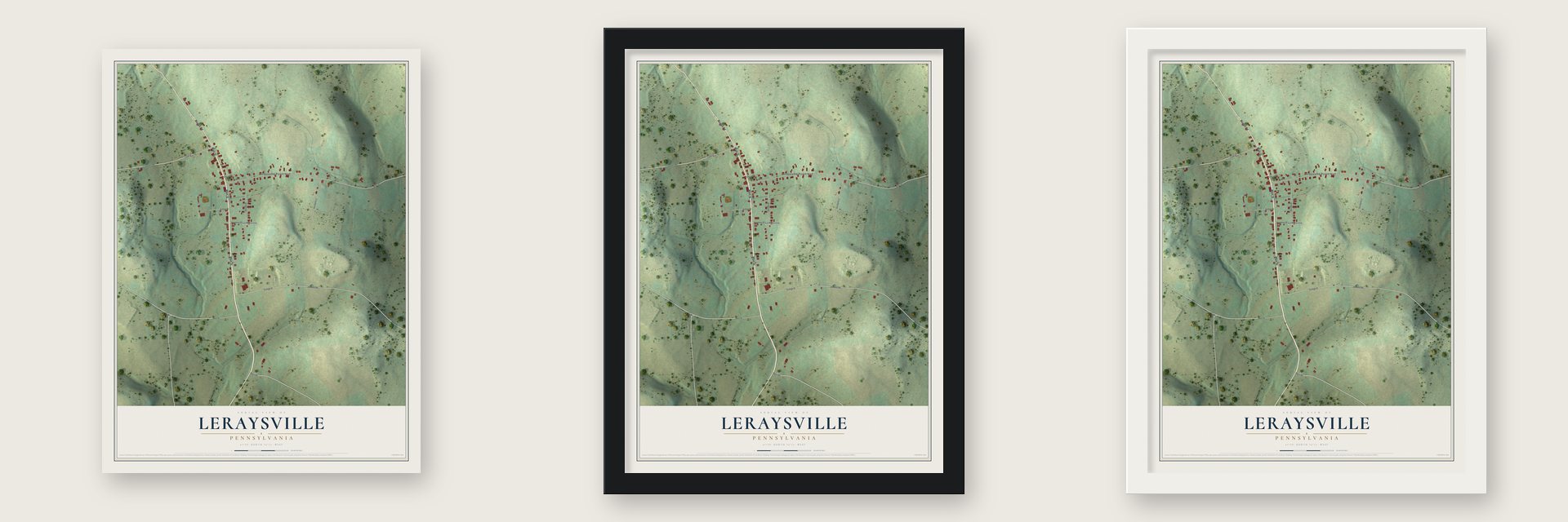 LeRaysville, Pennsylvania map unframed, in a black wood frame and in a white wood frame