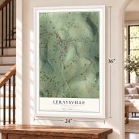 LeRaysville, Pennsylvania map, 24 x 36 inch print in a white frame by a staircase