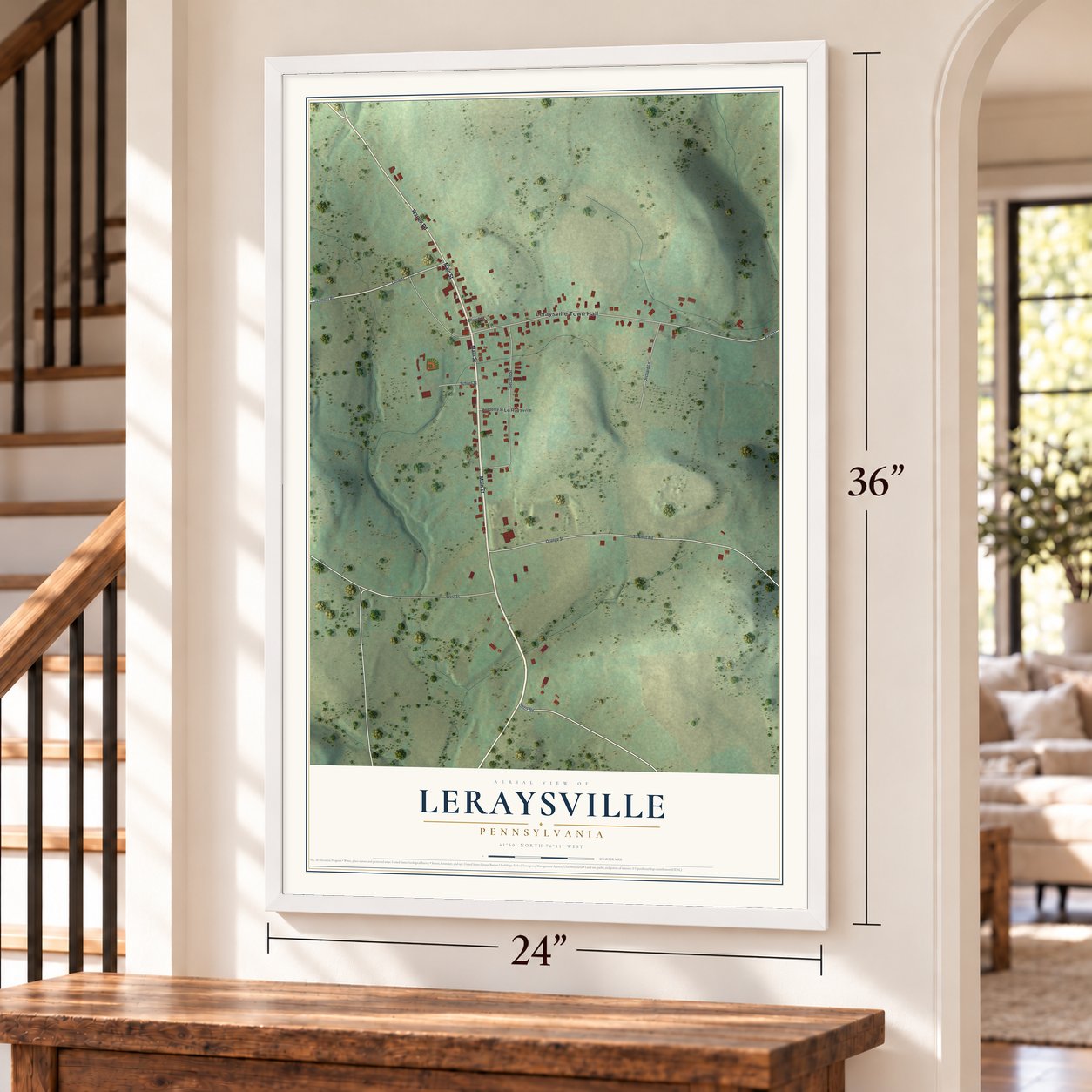 LeRaysville, Pennsylvania map, 24 x 36 inch print in a white frame by a staircase