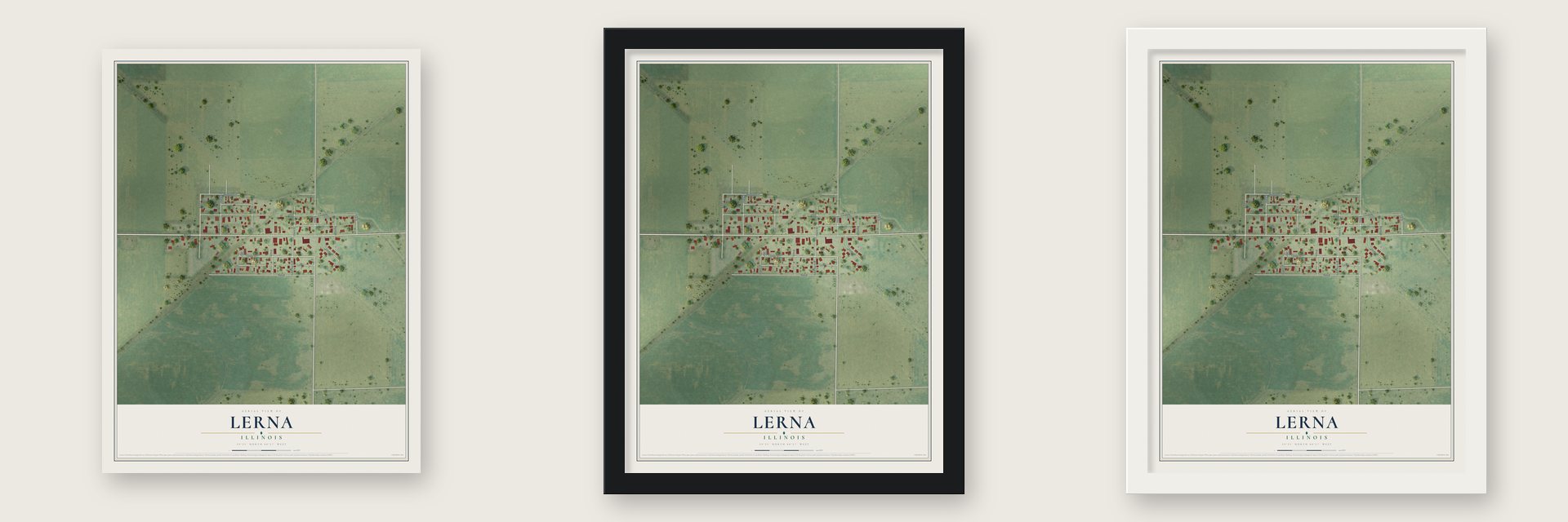 Lerna, Illinois map unframed, in a black wood frame and in a white wood frame