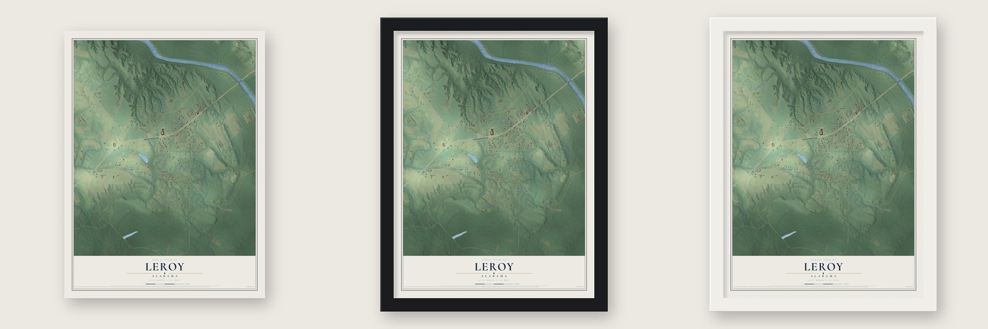 Leroy, Alabama map unframed, in a black wood frame and in a white wood frame