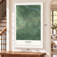 Leroy, Alabama map, 24 x 36 inch print in a white frame by a staircase