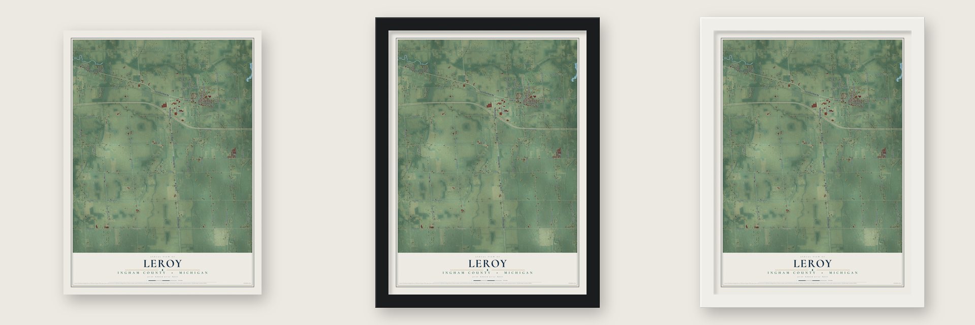 Leroy, Ingham County, Michigan map unframed, in a black wood frame and in a white wood frame