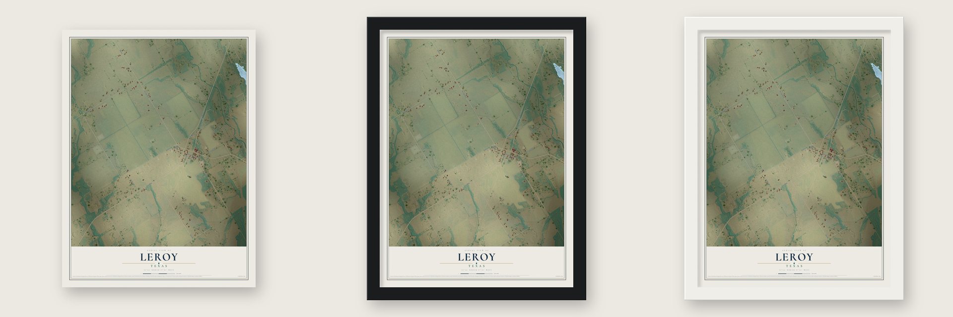 Leroy, Texas map unframed, in a black wood frame and in a white wood frame