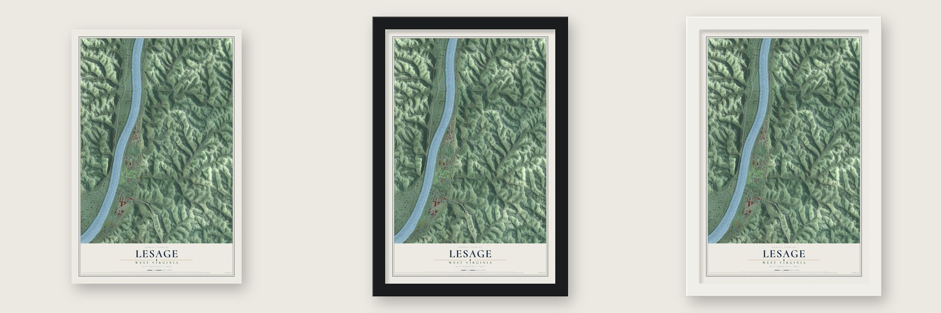 Lesage, West Virginia map unframed, in a black wood frame and in a white wood frame