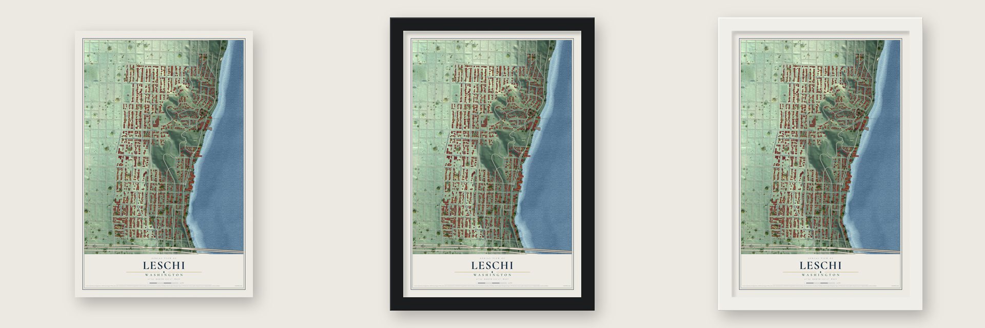 Leschi, Washington map unframed, in a black wood frame and in a white wood frame