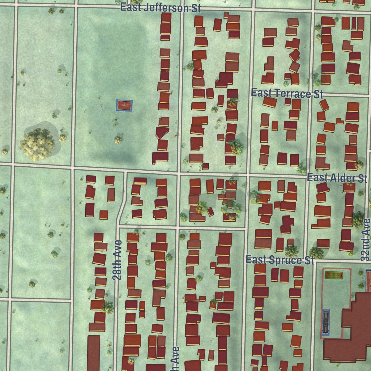 Second close-up of the map of Leschi, Washington print showing more streets and buildings