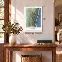 Leschi, Washington map, 12 x 18 inch print in a white frame in an entryway