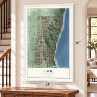 Leschi, Washington map, 24 x 36 inch print in a white frame by a staircase