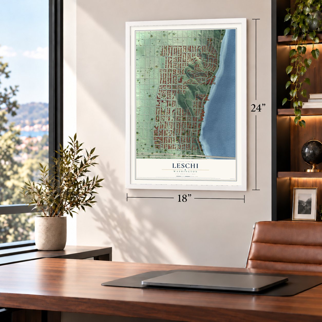 Leschi, Washington map, 18 x 24 inch print in a white frame in a home office