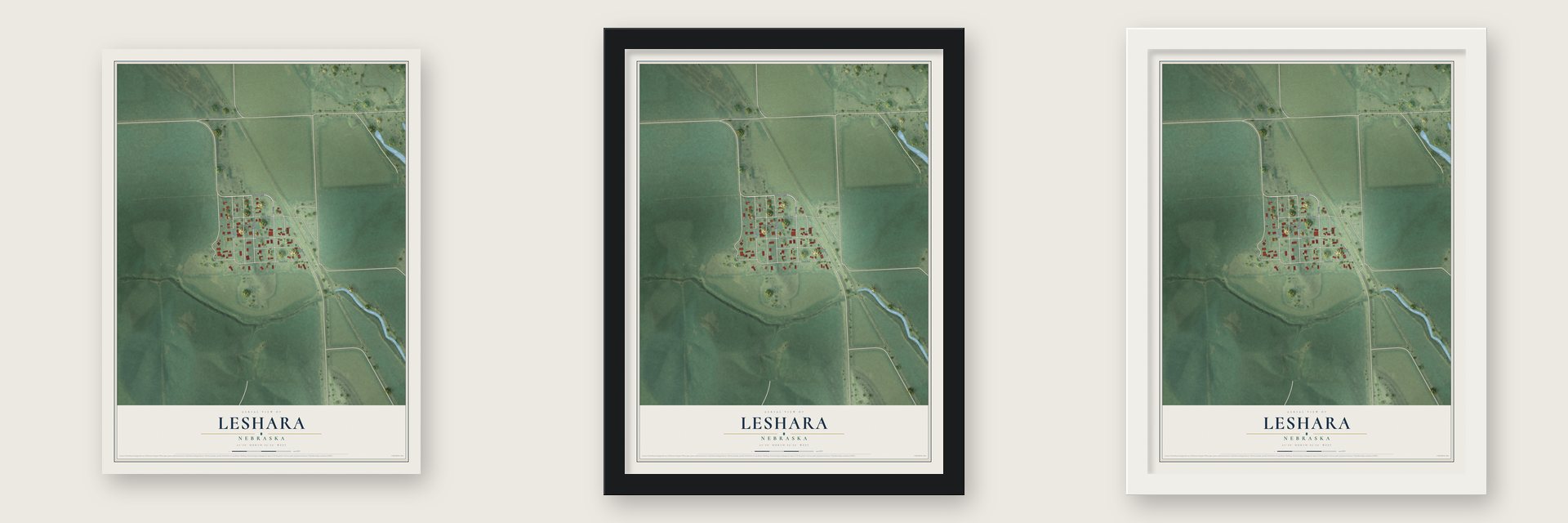 Leshara, Nebraska map unframed, in a black wood frame and in a white wood frame