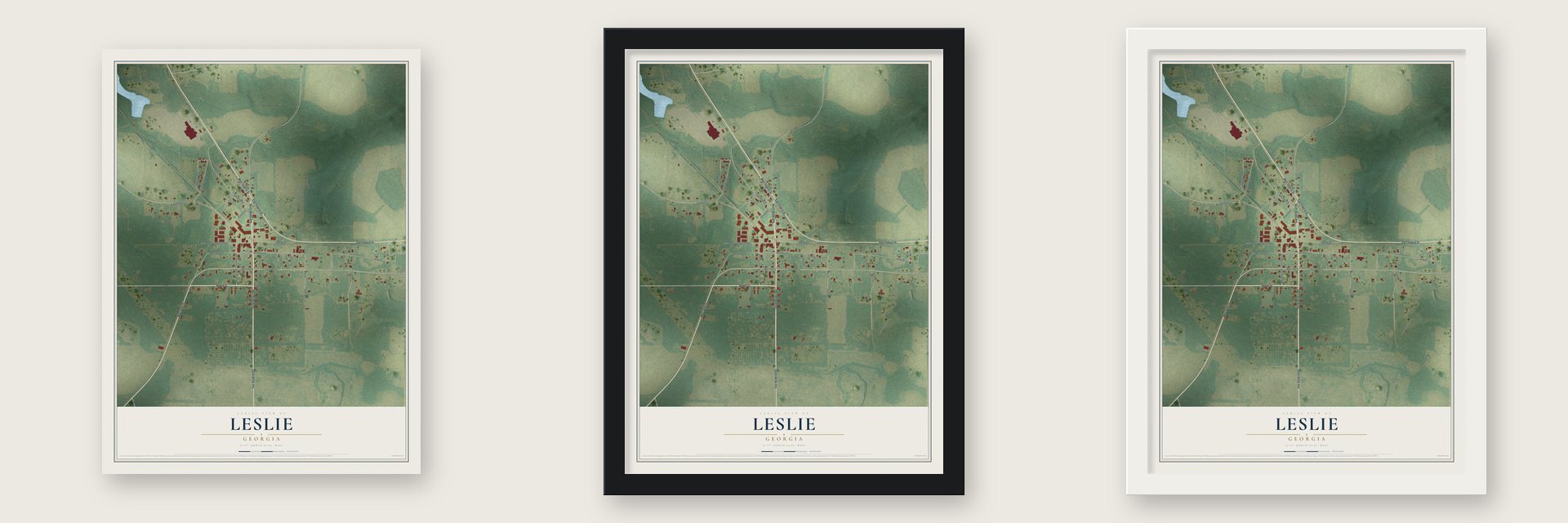 Leslie, Georgia map unframed, in a black wood frame and in a white wood frame