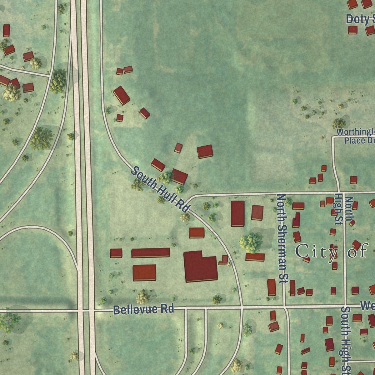 Second close-up of the map of Leslie, Michigan print showing more streets and buildings