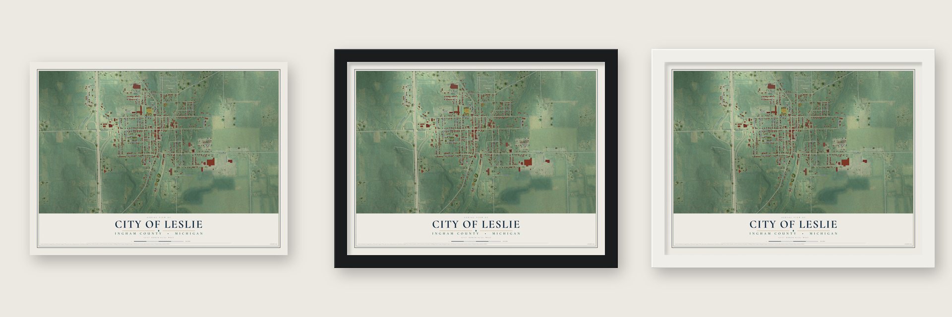 Leslie, Michigan map unframed, in a black wood frame and in a white wood frame