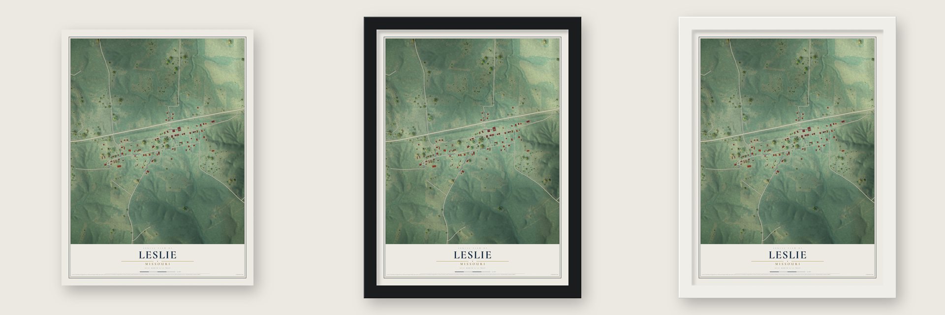 Leslie, Missouri map unframed, in a black wood frame and in a white wood frame
