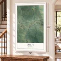 Leslie, Missouri map, 24 x 36 inch print in a white frame by a staircase