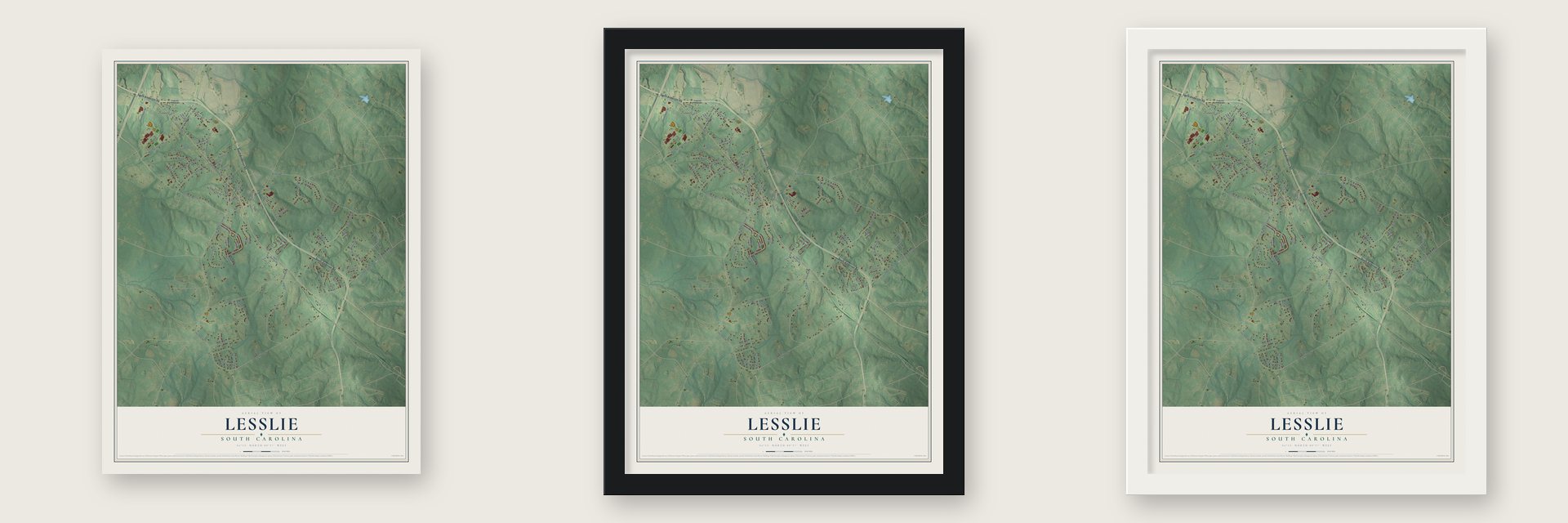 Lesslie, South Carolina map unframed, in a black wood frame and in a white wood frame