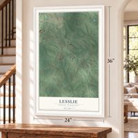 Lesslie, South Carolina map, 24 x 36 inch print in a white frame by a staircase