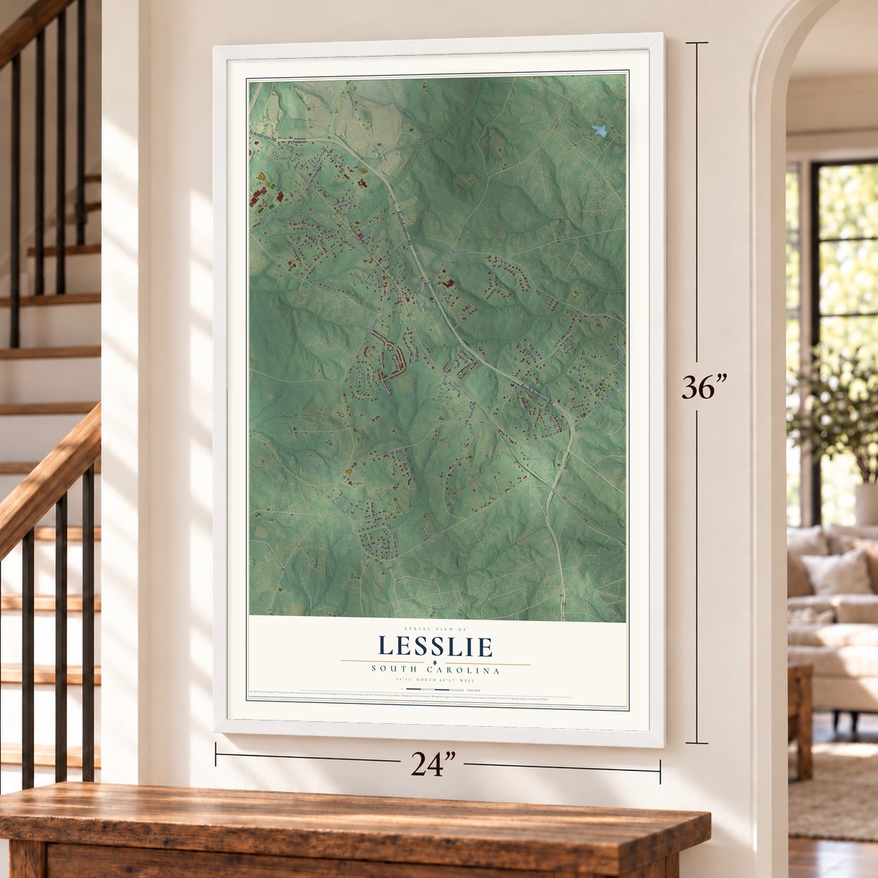 Lesslie, South Carolina map, 24 x 36 inch print in a white frame by a staircase
