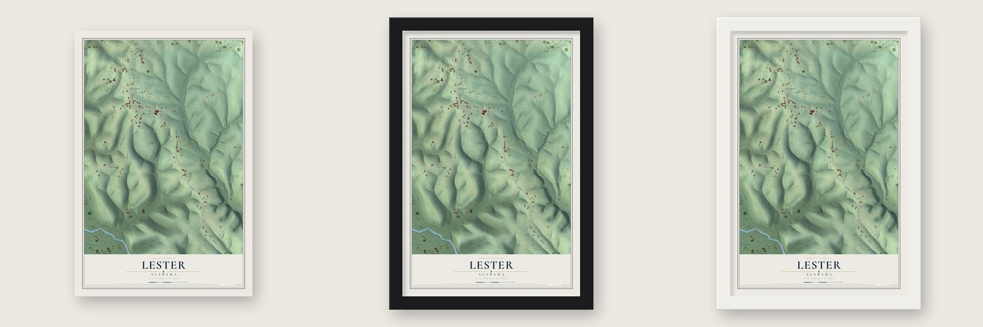 Lester, Alabama map unframed, in a black wood frame and in a white wood frame