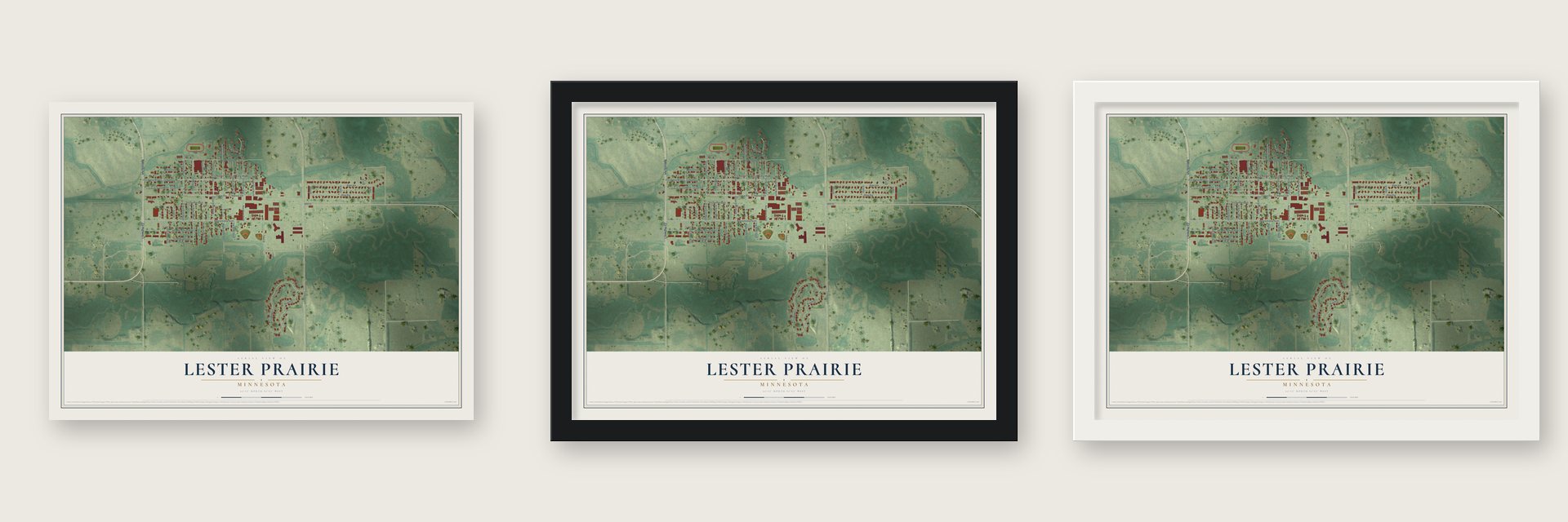 Lester Prairie, Minnesota map unframed, in a black wood frame and in a white wood frame