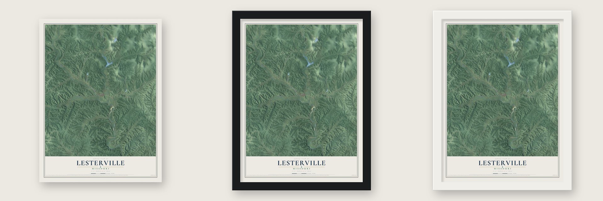 Lesterville, Missouri map unframed, in a black wood frame and in a white wood frame