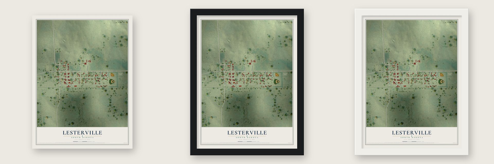 Lesterville, South Dakota map unframed, in a black wood frame and in a white wood frame