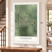 Lesterville, South Dakota map, 24 x 36 inch print in a white frame by a staircase