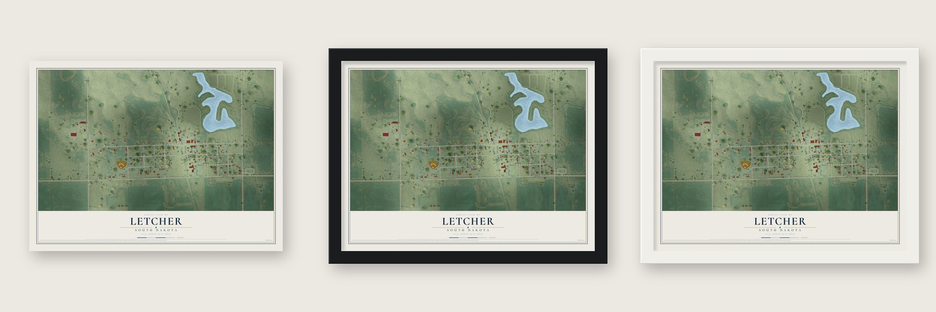 Letcher, South Dakota map unframed, in a black wood frame and in a white wood frame