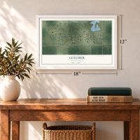 Letcher, South Dakota map, 12 x 18 inch print in a white frame in an entryway