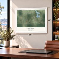 Letcher, South Dakota map, 18 x 24 inch print in a white frame in a home office