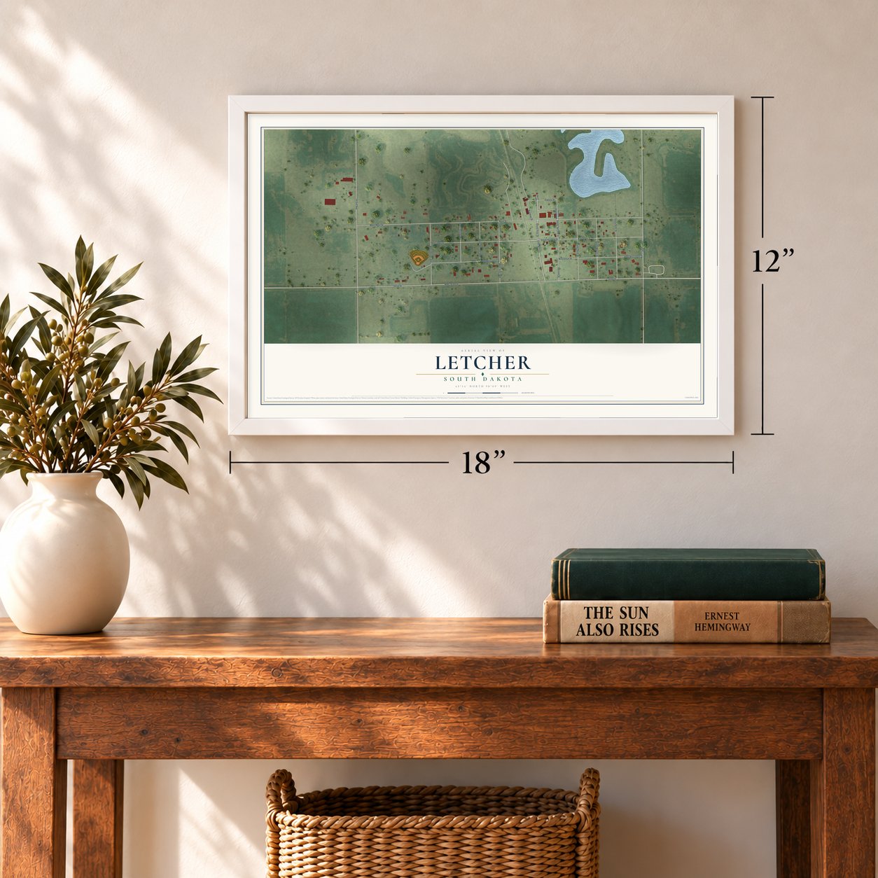 Letcher, South Dakota map, 12 x 18 inch print in a white frame in an entryway