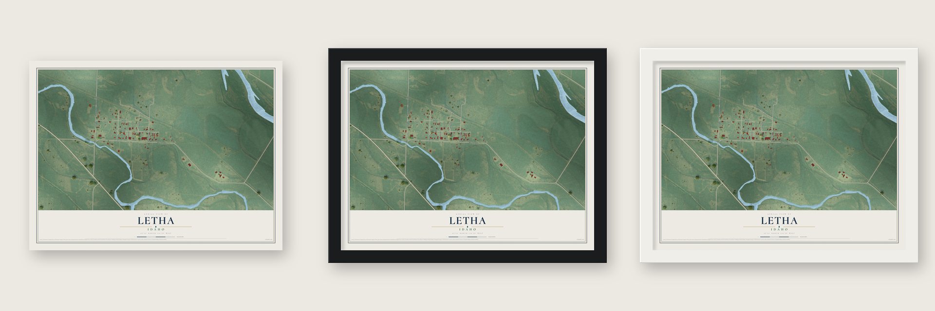 Letha, Idaho map unframed, in a black wood frame and in a white wood frame