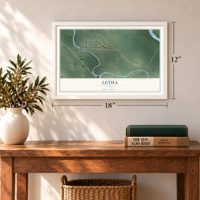 Letha, Idaho map, 12 x 18 inch print in a white frame in an entryway