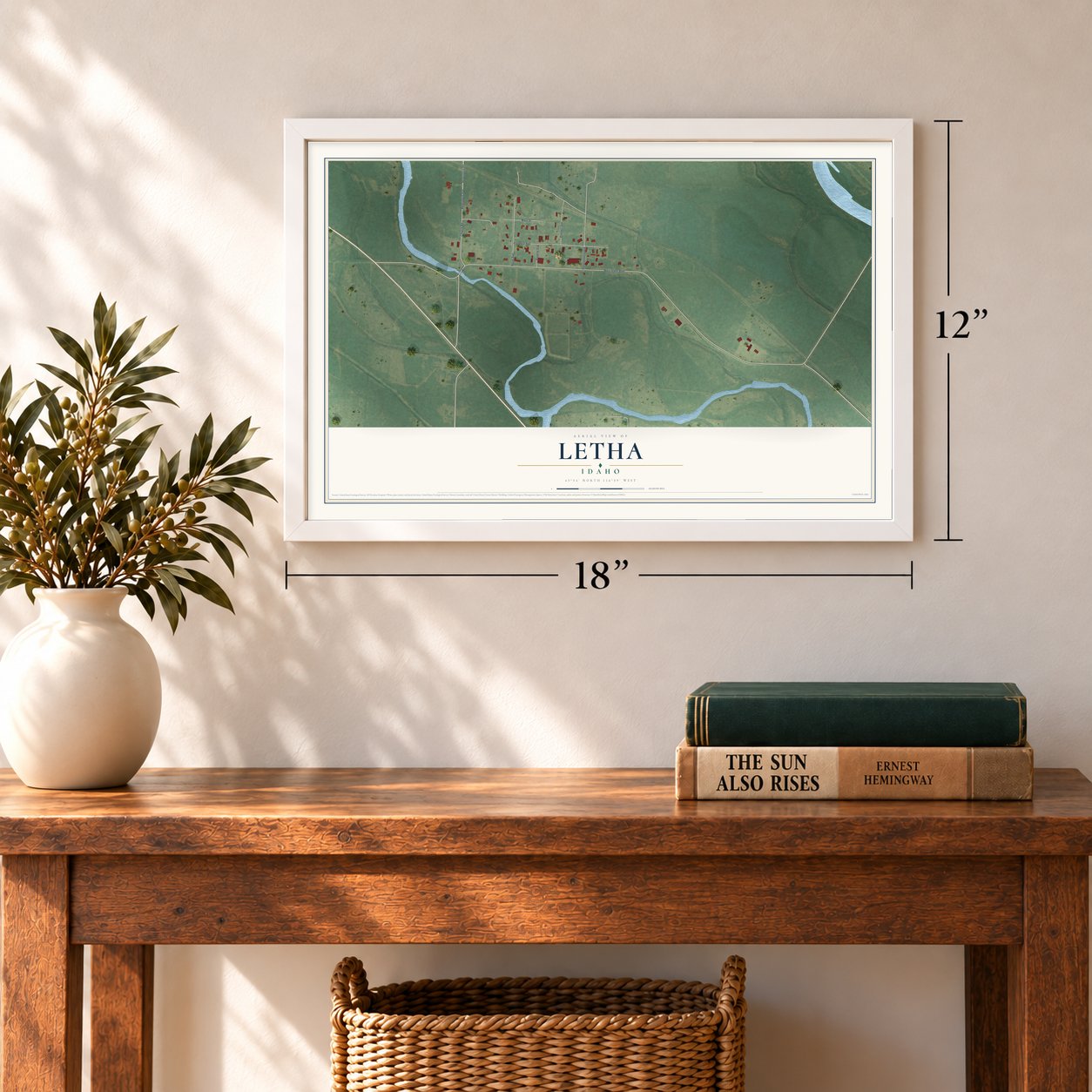 Letha, Idaho map, 12 x 18 inch print in a white frame in an entryway