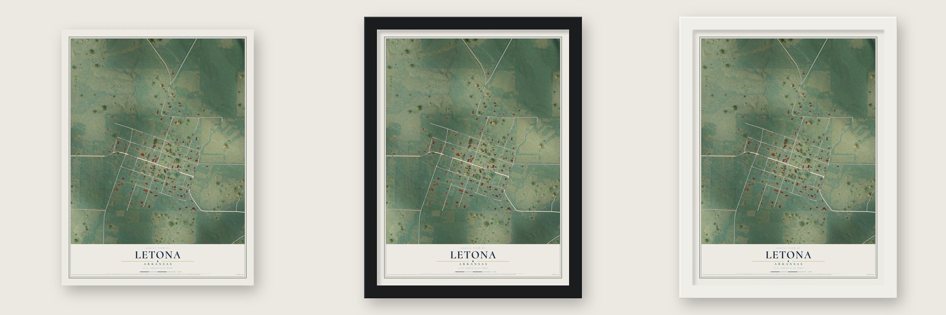 Letona, Arkansas map unframed, in a black wood frame and in a white wood frame