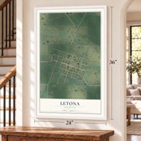 Letona, Arkansas map, 24 x 36 inch print in a white frame by a staircase
