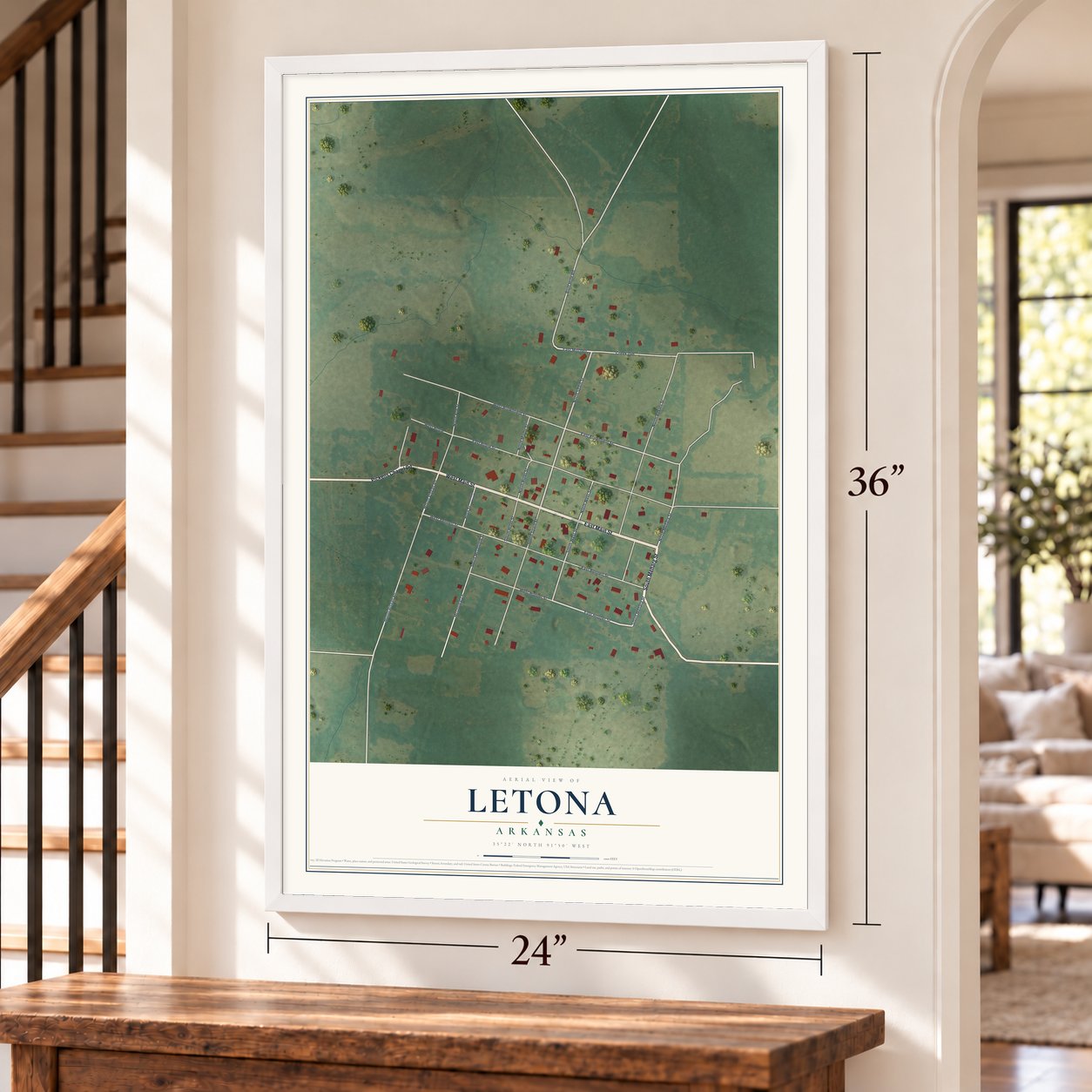 Letona, Arkansas map, 24 x 36 inch print in a white frame by a staircase