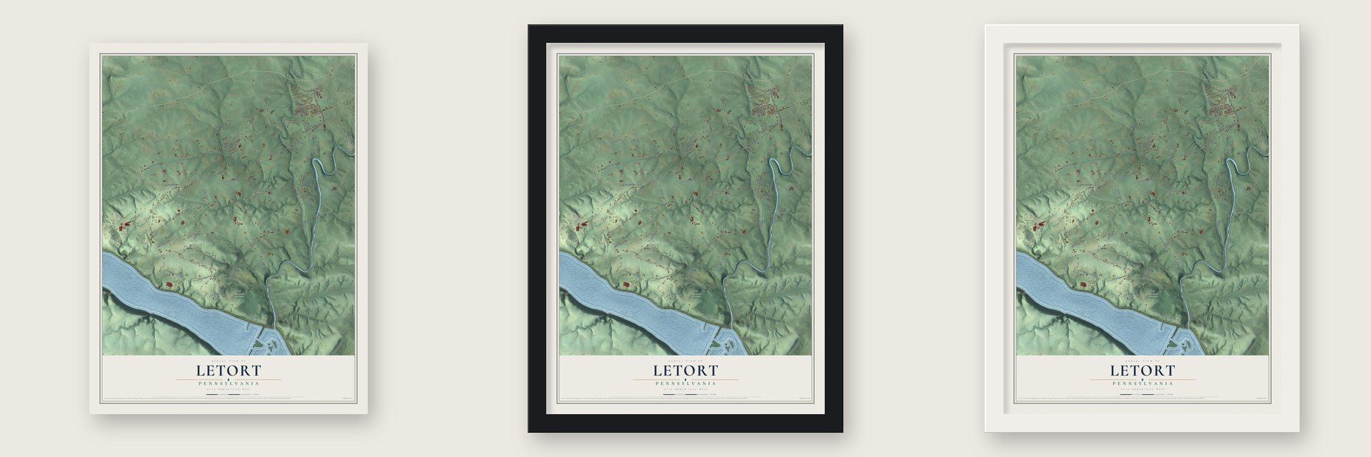Letort, Pennsylvania map unframed, in a black wood frame and in a white wood frame