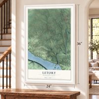 Letort, Pennsylvania map, 24 x 36 inch print in a white frame by a staircase