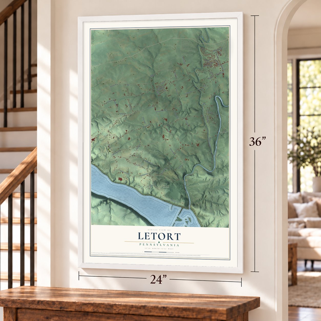 Letort, Pennsylvania map, 24 x 36 inch print in a white frame by a staircase