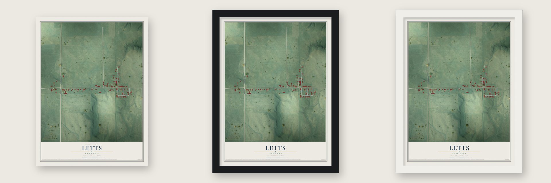 Letts, Indiana map unframed, in a black wood frame and in a white wood frame